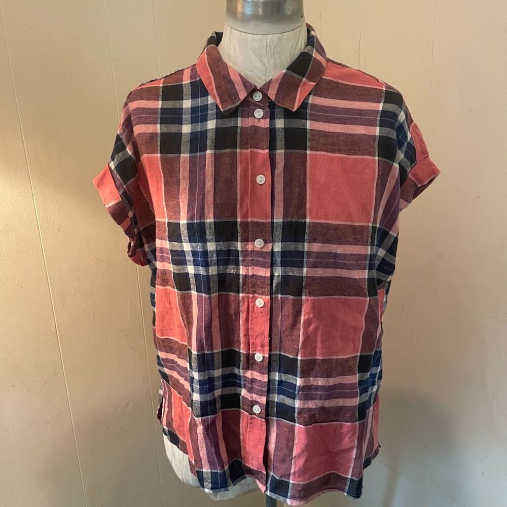 SANCTUARY Plaid Sleeveless Cotton Linen Shirt Top L